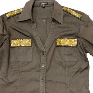 Express Military-style Button Up Shirt Womens‎ L Fitted Olive Green Gold Sequin